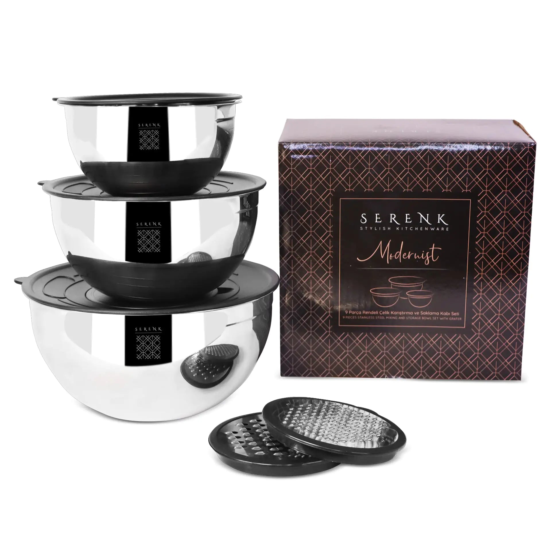 Serenk Modernist 9 Pieces Stainless Steel Mixing and Storage Bowl Set with Grater